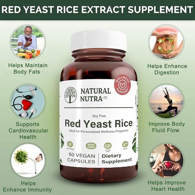 Natural Nutra Red Yeast Rice Extract, Cardiovascular Support, Helps Enhance Immunity, Helps Maintain Body Fats & Fluid Flow, Improve Digestion, Gluten Free Supplements, 600 mg, 60 Capsules (2 Pack)