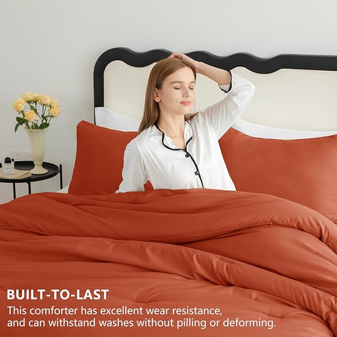 CozyLux Burnt Orange California King Comforter Set, 3 Pieces Cal King Terracotta Solid Breathable Boho Style Bedding Sets, Cozy Soft Microfiber Quilt Comforter All Season(1 Comforter & 2 Pillowcases)