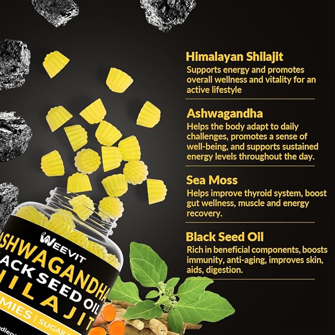 Ashwagandha Gummies, Shilajit Black Seed, Sea Moss, Maca Root, Turmeric, All in One Supplement