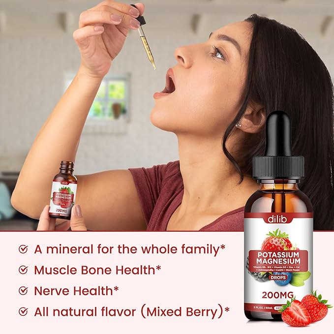 Potassium Magnesium Citrate Supplement, Liquid Magnesium Citrate Drops 200mg with Ashwagandha, Calcium, Zinc, Vitamin D3, B6, B12, CoQ10 - Vegan 2 fl oz Mix Berry Flavor