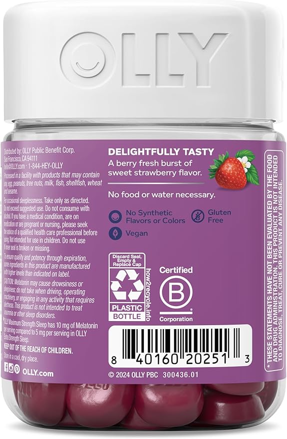 OLLY Max Strength Sleep Gummy, 10mg Melatonin, L-Theanine, Chamomile, Lemon Balm, Sugar Free, Vegetarian Sleep Aid, Strawberry - 50 Count