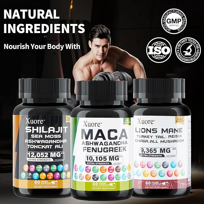 Bundle of, Shilajit &Lions Mane&Maca Ashwagandha, Rhodiola Rosea, Panax Ginseng, Turkey Tail, Reishi, Cordyceps, Chaga Fenugreek, Trifibranol100X All in 1 Supplements (1 Pack)