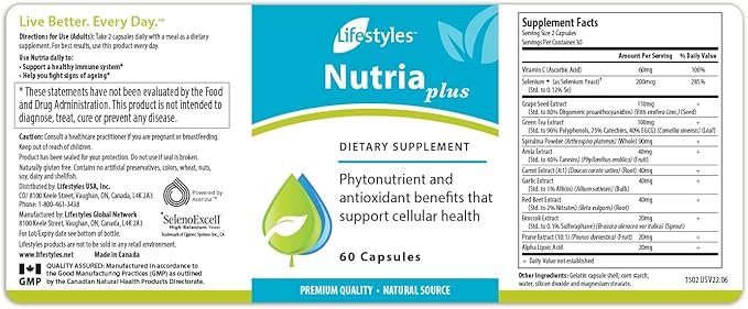 Lifestyles NutriaPlus Antioxidant Supplement - Herbal Immune Support & Multivitamin with Selenium, Vitamin C, Green Tea, Garlic, and More – Made in Canada – 60 Capsules