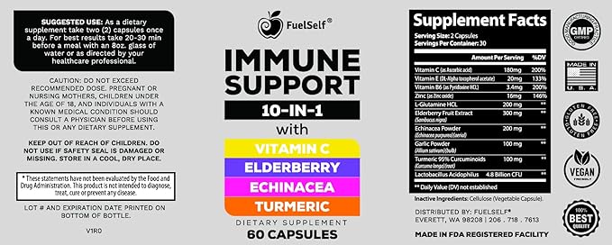 Immune Support Booster Supplement with Elderberry, Vitamin C, Echinacea, Turmeric Curcuminoids, Vitamin E, Vitamin B6, Zinc, L-Glutamine HCL, Garlic, Lactobacillus Acidophilus :: 60 Count, 1 Pack