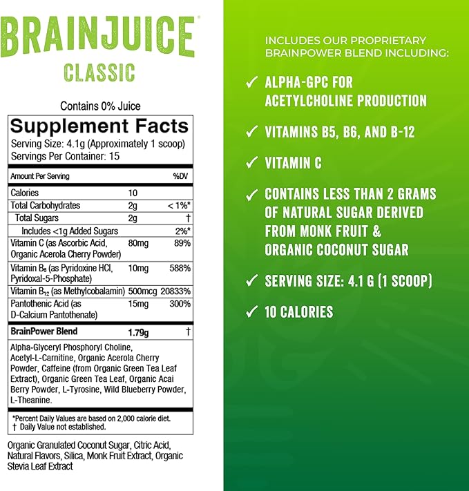 BrainJuice Nootropics Brain Support Supplement, Gluten Free Powder for Energy and Focus, Drink Mix with L Theanine, Alpha GPC, Vitamin B, Organic Green Tea Extract Caffeine, Classic, 15 Servings