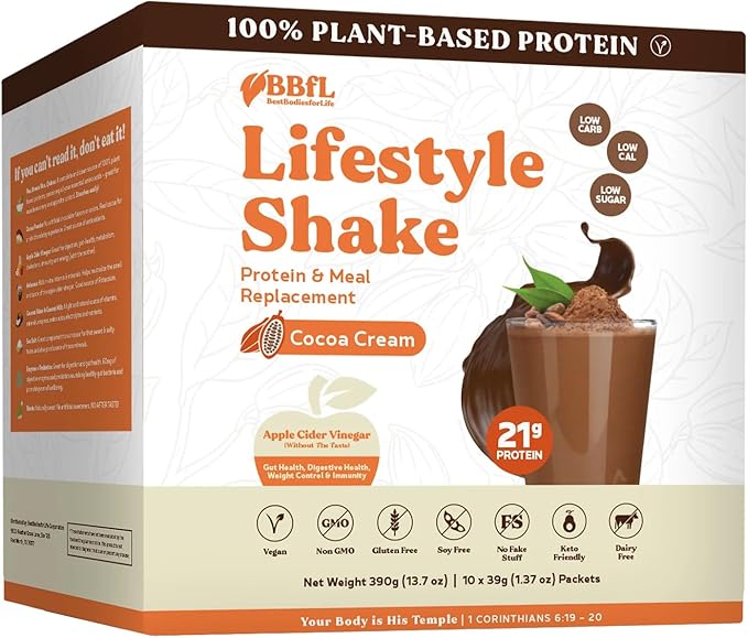 Meal Replacement Shakes, 21g Protein, Vegan Plant Based Protein Powder, Apple Cider Vinegar, Digestive Enzymes, All in One Shake for Women & Men (10 Servings, Cocoa Cream)