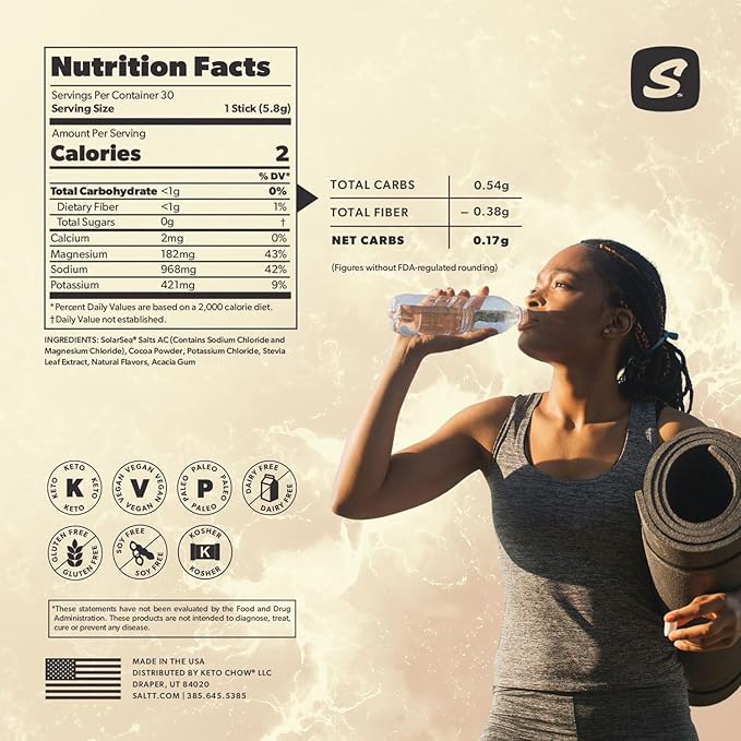 Keto Chow SALTT Electrolytes Powder Flavored Drink Mix - Cocoa Loco - 30 Hydration Packets - Magnesium, Potassium, Sodium, Trace Minerals - Zero Sugar & Gluten Free - Travel Essentials