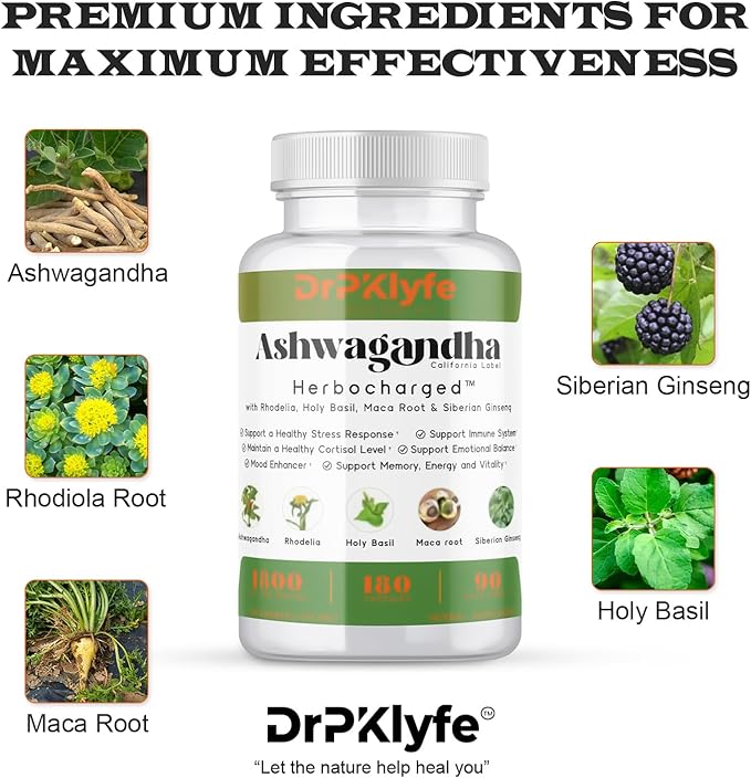 Ashwagandha Complex 5-1 Blend with Rhodiola Rosea Supplement, Maca Root, Holy Basil, Siberian Ginseng for Stress Relief, Focus, Sleep, Energy, Vitality - 180 Capsules
