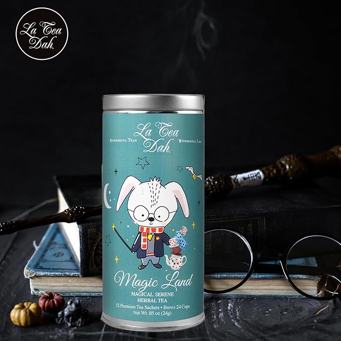 Serene Herbal Tea for Kids by La Tea Dah, Calming Decaf Childrens Tea, Lavender Chamomile Tea Bags Flavored with Lemongrass and Spearmint, Sleepy Tea for Little Wizards, Magic Land (12 Sachets)