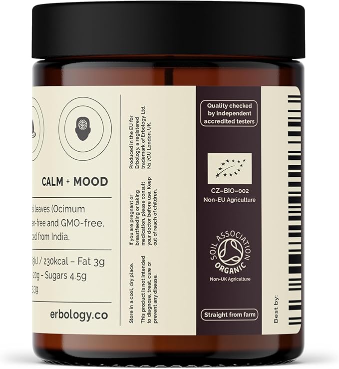 Erbology 100% Organic Tulsi Powder 6.4 oz - Holy Basil - Calm and Mood - Straight from Farm - Raw, Vegan and Gluten-Free - Non-GMO - No Additives or Preservatives - Recyclable Glass Jar