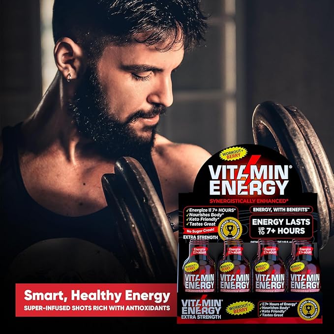 Vitamin Energy Workout+ Extra Strength Daily Energy Shot – Berry – 260mg Natural Caffeine, B-Vitamins – Pre-Workout & Endurance Support – Zero Sugar, Vegan, Kosher – 1.93 fl oz, 48-Pack