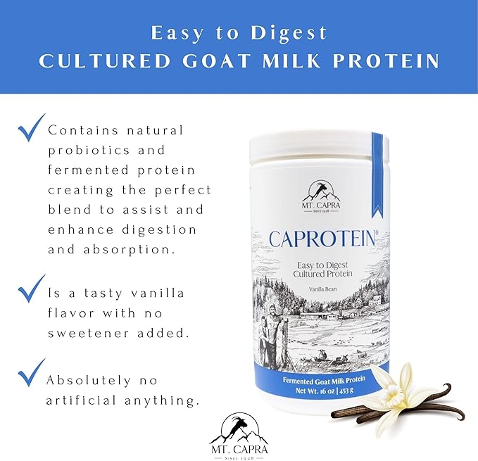 Mt. Capra Caprotein | Casein Protein Concentrate, Fermented Goat Milk Protein from Grass-Fed Pastured Goats, Extremely Easy to Digest | Vanilla Bean | 23 Servings - 16 oz