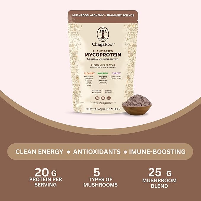 Mycoprotein Mushroom Protein Powder - Vegan Protein, Plant Based, Superfood, Master Blend of Chaga, Reishi, Turkey Tail, Shiitake, Lions Mane - Chocolate (1.76 lb)