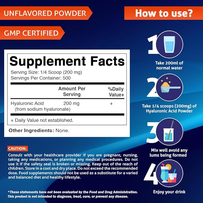 Vitamatic Hyaluronic Acid Powder 200mg - Supports Healthy Connective Tissue and Joints - Promote Youthful Healthy Skin - 100 Gram