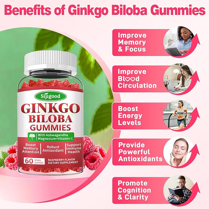 Ginkgo Biloba Gummies with Panax Ginseng and Magnesium, Ginkgo Biloba Supplements for Focus, Memory, and Brain Health for Adults & Kids, Vegan Raspberry Flavor Gummies, 60 Count