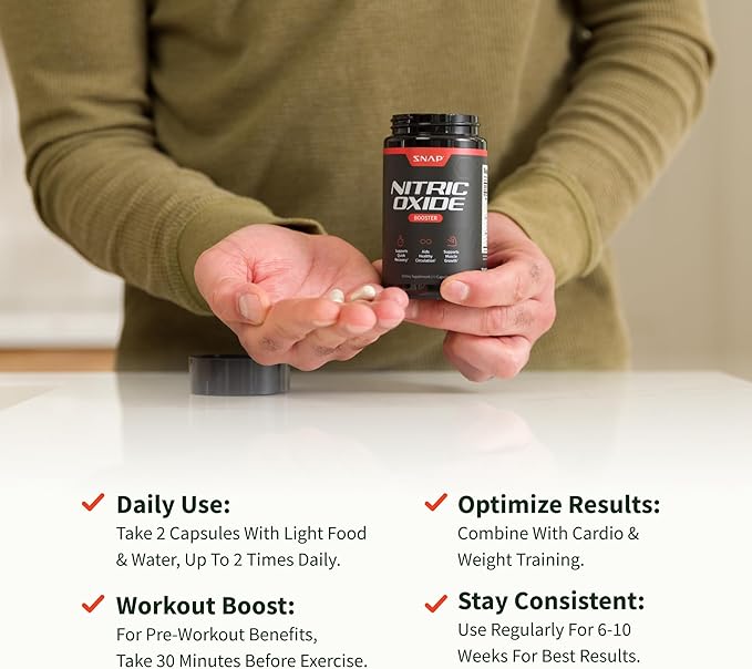 Snap Supplements Nitric Oxide Booster Supplement with L Arginine and L Citrulline Essential Amino Acids and Ginseng Root, Energy, Heart Health, Muscle Growth & Circulation Support, 60 Capsules