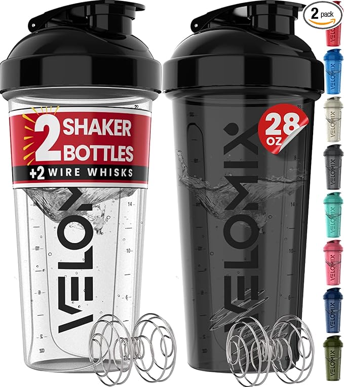 -2 Pack- 28 oz Protein Shaker Bottles for Protein Mixes - 2x Wire Whisk | Leak Proof Shaker Cups for Protein Shakes | Protein Shaker Bottle Pack | Shakers for Protein Shakes-Black&Transparent