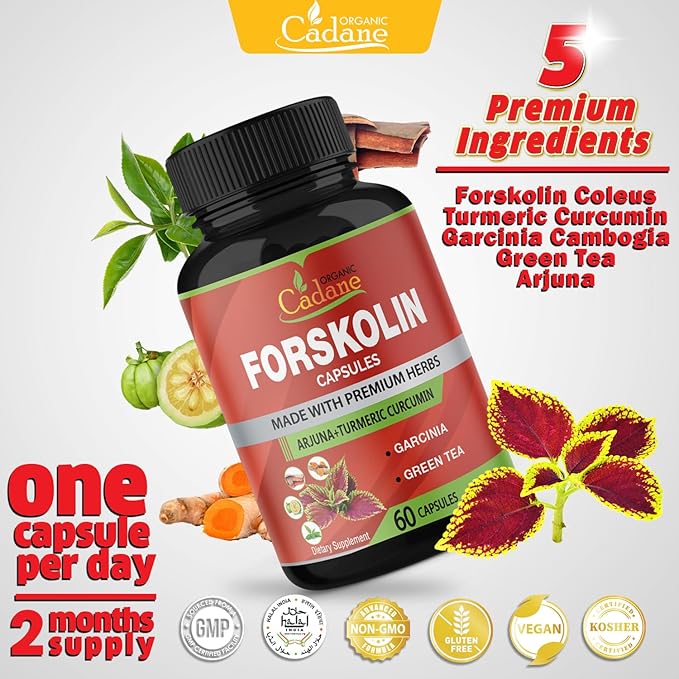 Organic Forskolin Supplements Capsules with Turmeric Curcumin, Arjuna, Garcinia Cambogia, Green Tea - 60 Capsules