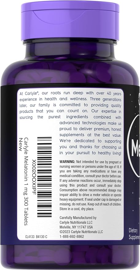 Carlyle Melatonin 1 mg | 300 Low Dose Tablets | Drug Free Aid | Vegetarian, Non-GMO, Gluten Free