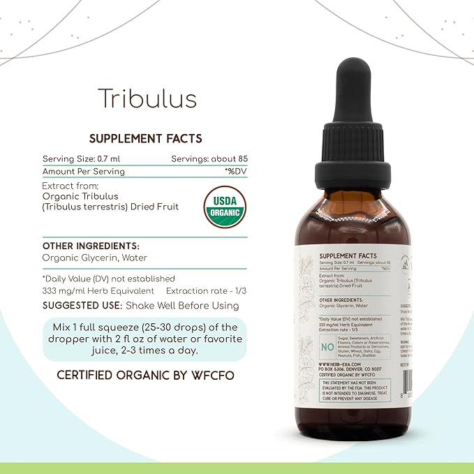 Tribulus B60 Alcohol-Free Herbal Extract Tincture, Concentrated Liquid Drops Natural USDA Organic Tribulus (Tribulus Terrestris) Dried Fruit (2 fl oz)