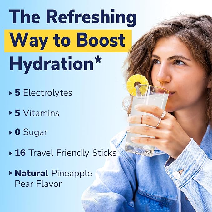 Electrolytes Powder Packets | Magnesium, Potassium, Sodium, Vitamin C | for Rapid Hydration | Zero Sugar & Keto | 16 Stick Packs | Pineapple Pear Flavor