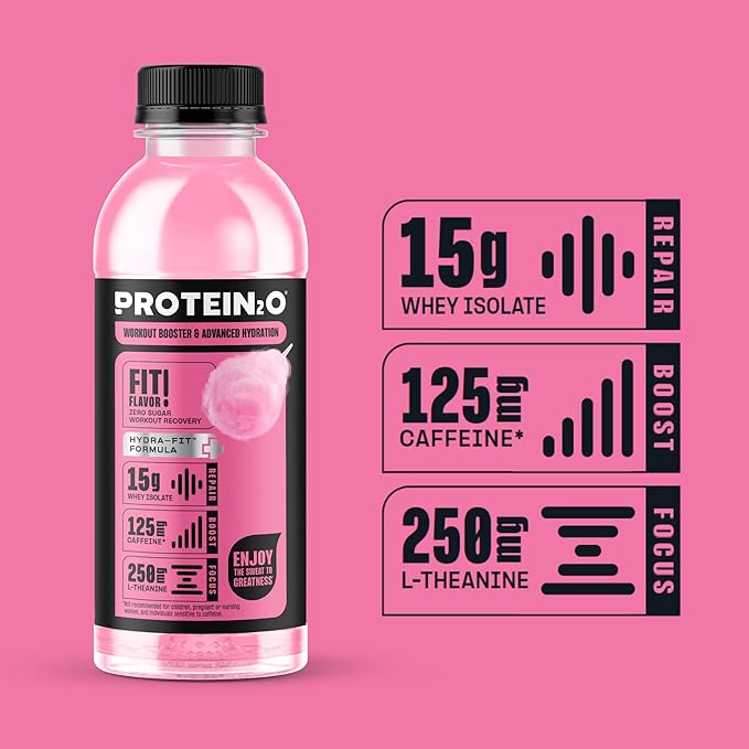 Protein2o 15g Whey Protein Isolate Hydration Drink Plus Energy & Focus, 350mg of Electrolytes, Vitamins B5 & B6, Sugar Free, Cotton Candy, 16.9 oz Bottle (Pack of 12)