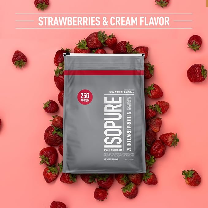 Isopure Zero Carb 100% Pure Whey Isolate Protein Powder, Lactose Free, Gluten Free, With Vitamins, Strawberries & Cream, 25g Protein Per Serving, 7.5 Lbs, 110 Servings