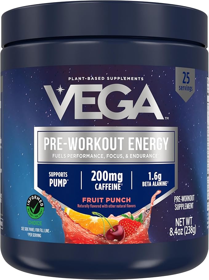 Vega Pre-Workout - 200mg Caffeine, Energy & Focus, Fruit Punch, 25 Servings, 1.6g Beta Alanine, 6g Citrulline Malate, Energy & Focus Drink Mix, Vegan, Gluten-Free, Dairy Free, No Sugar Added, 8.4oz