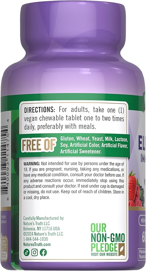 Nature's Truth Elderberry Immune Complex | 60 Chewable Tablets | Plus Vitamin C & Zinc | Mixed Berry | Vegan, Non-GMO, & Gluten Free Supplement