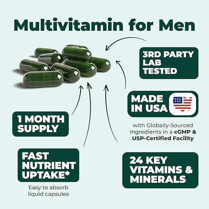 Multivitamin for Men - Daily Mens Multivitamins & Multiminerals with Vitamin D, Vitamin C, B12 Zinc, Iron. Essential Vitamins for Men - Energy, Focus, Stamina, Performance, Mens Health. 60 Liquid Caps