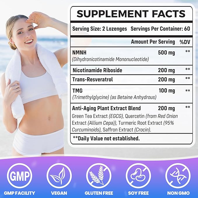 Sublingual NMNH (Dihydronicotinamide Mononucleotide), NMN Supplement Alternative, NAD Supplements for Women Men, with Resveratrol, NR & TMG, NAD+ Levels as We Age, Anti-Aging, Energy, Focus, 6 Pack