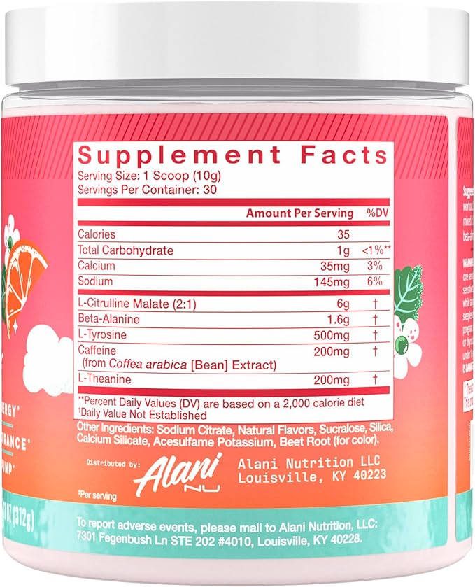 Alani Nu Pre Workout Powder Strawberry Sunrise, Amino Energy Boost, Endurance Supplement, Sugar Free, 200mg Caffeine, L-Theanine, Beta-Alanine, Citrulline, 30 Servings