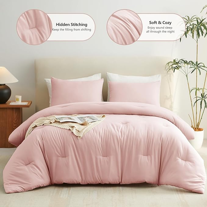 CozyLux Blush Pink Comforter Set Full Size for Girls, 3 Pieces Women Solid Breathable Quilted Boho Style Bedding Sets, Luxury Fluffy Soft Microfiber Comforter & 2 Pillowcases All Season