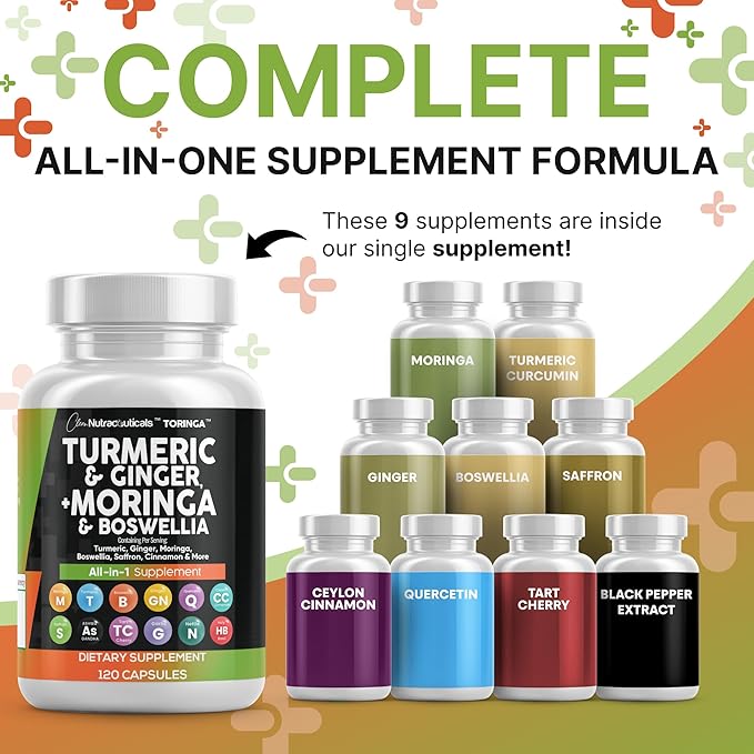 Clean Nutraceuticals Turmeric Moringa Supplement | Ginger Boswellia Saffron - Supplement for Women and Men with Ceylon Cinnamon, Tart Cherry, Quercetin Garlic Nettle Holy Basil - 1Pack