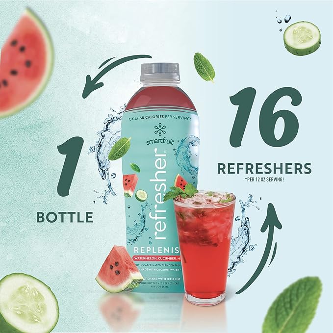 Replenish Refresher - Watermelon, Cucumber, Mint - Made with Real Fruit and No Added Sugar – Low Cal, Hydrating Coconut Water, and Natural Energy (48oz Bottle)