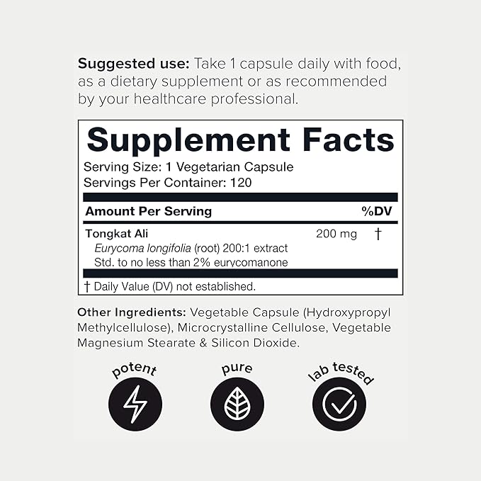 Tongkat Ali - Ultra High Potency 200:1 Extract with 2% Eurycomanone - Extra Strength Longjack Root - Third-Party Lab Tested - 120 Capsules