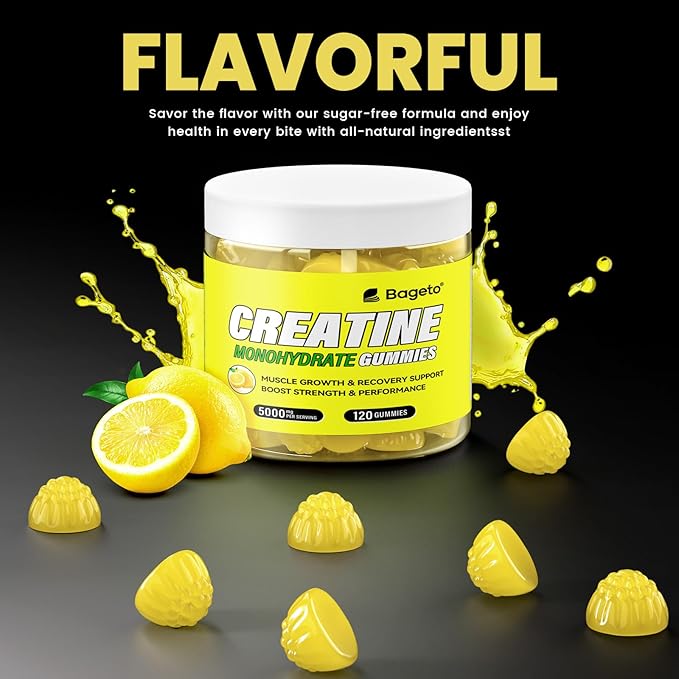 Creatine Monohydrate Gummies 5g for Men Women,Sugar Free Chewables Creatine Pre-Workout for Muscle Strength, Lemon Flavor, 120 Count