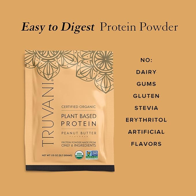Truvani Vegan Pea Protein Powder | Peanut Butter | 32.7g Organic Plant Based Protein | 1 Serving | Keto | Gluten & Dairy Free | Low Carb | No Added Sugar