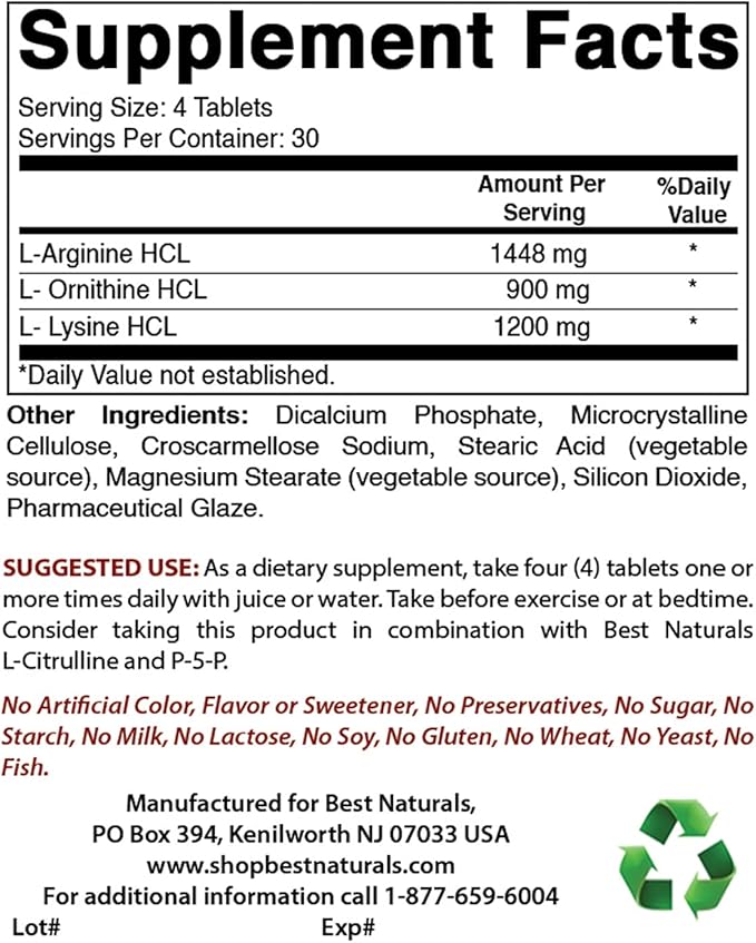 Best Naturals Tri-Amino with L-Arginine, L-Ornithine, L-Lysine 120 Tablets (New Improved Formula)