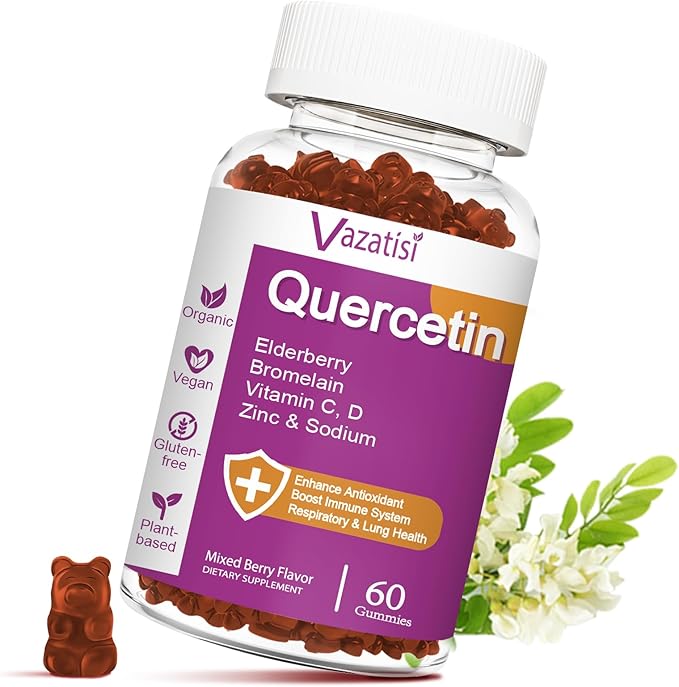 Quercetin Gummies, Quercetin with Vitamin C Zinc, Bromelain, Elderberry and Vitamin D, Immune Support Adults Kids, Women Men, 60 Gummies Chewable
