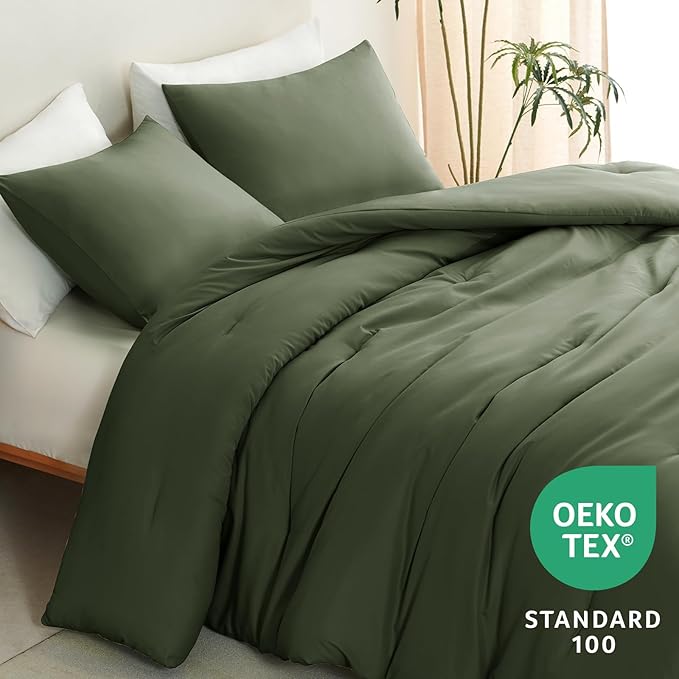 CozyLux Olive Green Comforter Set Full Size, 3 Pieces Solid Breathable Quilted Style Bedding Sets, Dark Olive Green Luxury Fluffy Soft Microfiber Comforter for All Season (1 Comforter & 2 Pillowcases)