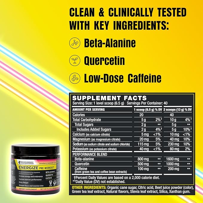 BODi Energize Pre Workout Powder - Beta-Alanine, Quercetin & Low-Dose Caffeine Formula for Enhanced Energy & Focus, Increase Energy & Endurance Supplement, Strawberry Lemonade, 40 Servings