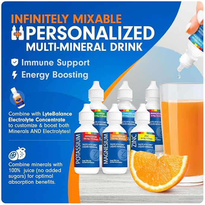 Lyte Balance Taste N' Score Liquid Minerals Kit - 6 Pack, 2 oz Bottles | 100% Pure Dietary Potassium, Zinc, Manganese, Copper, Chromium & Magnesium Drops