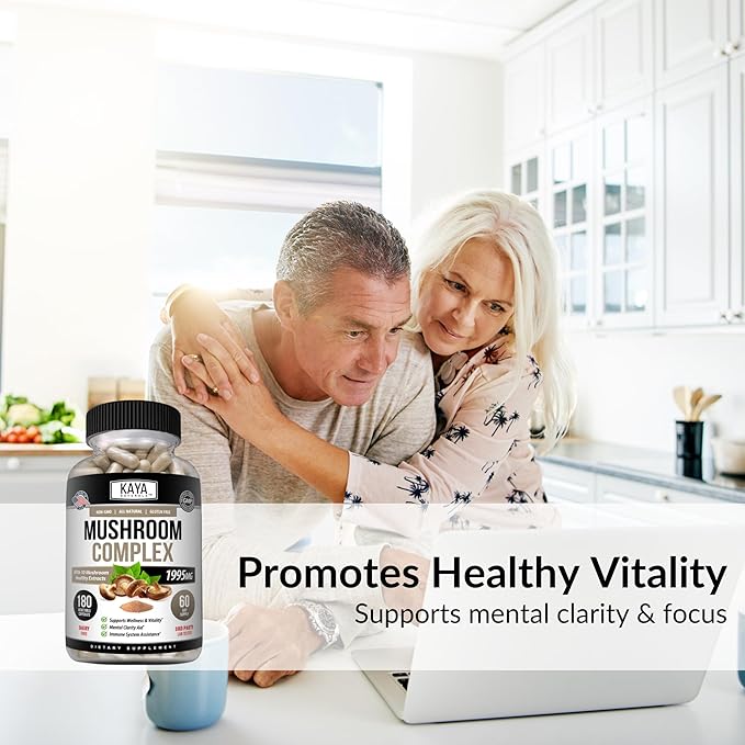 Kaya Naturals Premium Mushroom Complex Potent - Mushroom Supplement - Mushroom Complex Capsules 1995mg Per Serving - Aids Mental Clarity Supports Immune System, Wellness & Vitality - 180 Count
