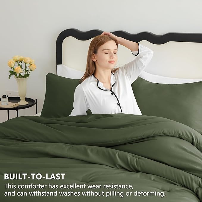 CozyLux Olive Green Comforter Set Queen Size, 3 Pieces Solid Breathable Quilted Style Bedding Set, Dark Olive Green Luxury Fluffy Soft Microfiber Comforter for All Season (1 Comforter & 2 Pillowcases)