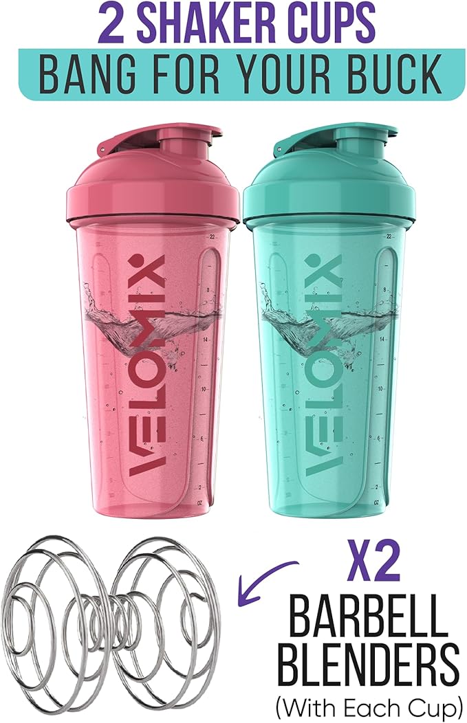 -2 Pack- 28 oz Protein Shaker Bottles for Protein Mixes - 2x Wire Whisk | Leak Proof Shaker Cups for Protein Shakes | Protein Shaker Bottle Pack | Shakers for Protein Shakes-Pink&Turquise
