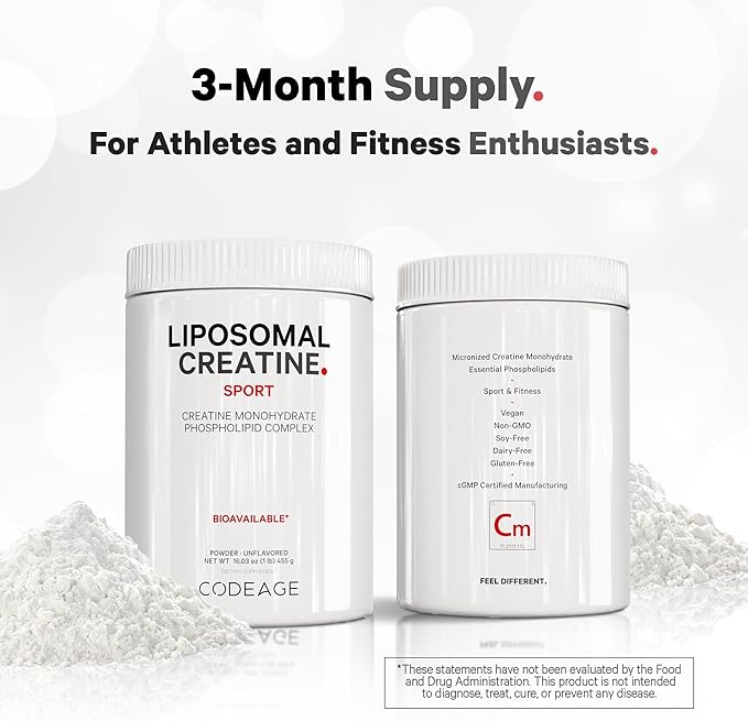 Codeage Liposomal Creatine Powder Supplement - 3-Month Supply - 5000mg Creatine Monohydrate Pre Workout & Post Workouts - Unflavored Creatine, Pure Creatine Powder, Creatinine for Sports - 90 Servings