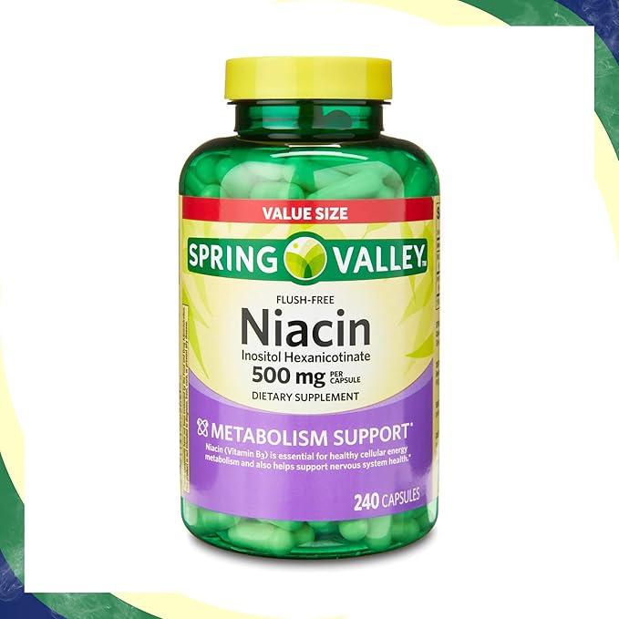 Spring Valley Vitamin B3 Niacin 500mg Flush Free Capsules, Dietary Supplement 240 Pills (Pack of 1)