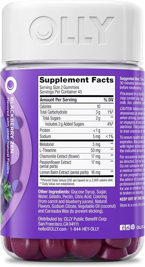 Olly Sleep Gummy, 3mg Melatonin, L-Theanine, Chamomile, Lemon Balm, Sleep Aid, BlackBerry, 90 Count