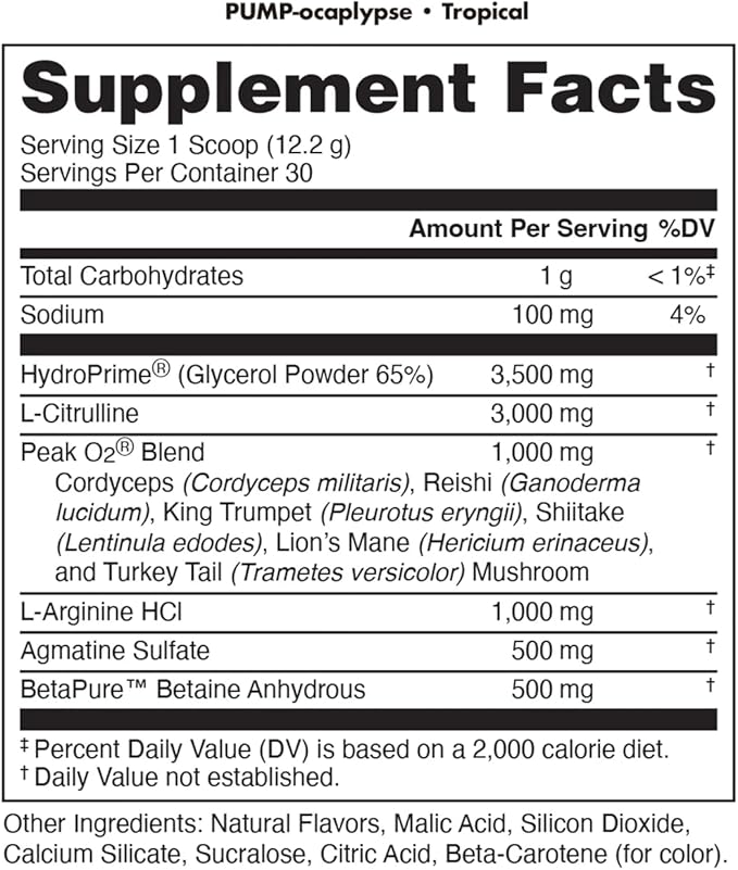 Pump-ocalypse Tropical | Nitric Oxide and L Arginine Supplement with Citrulline Malate, GlycerPump | Ultimate N.O. Booster | Lean Muscle Support for Blood Flow, Vascularity, Hydration and Endurance